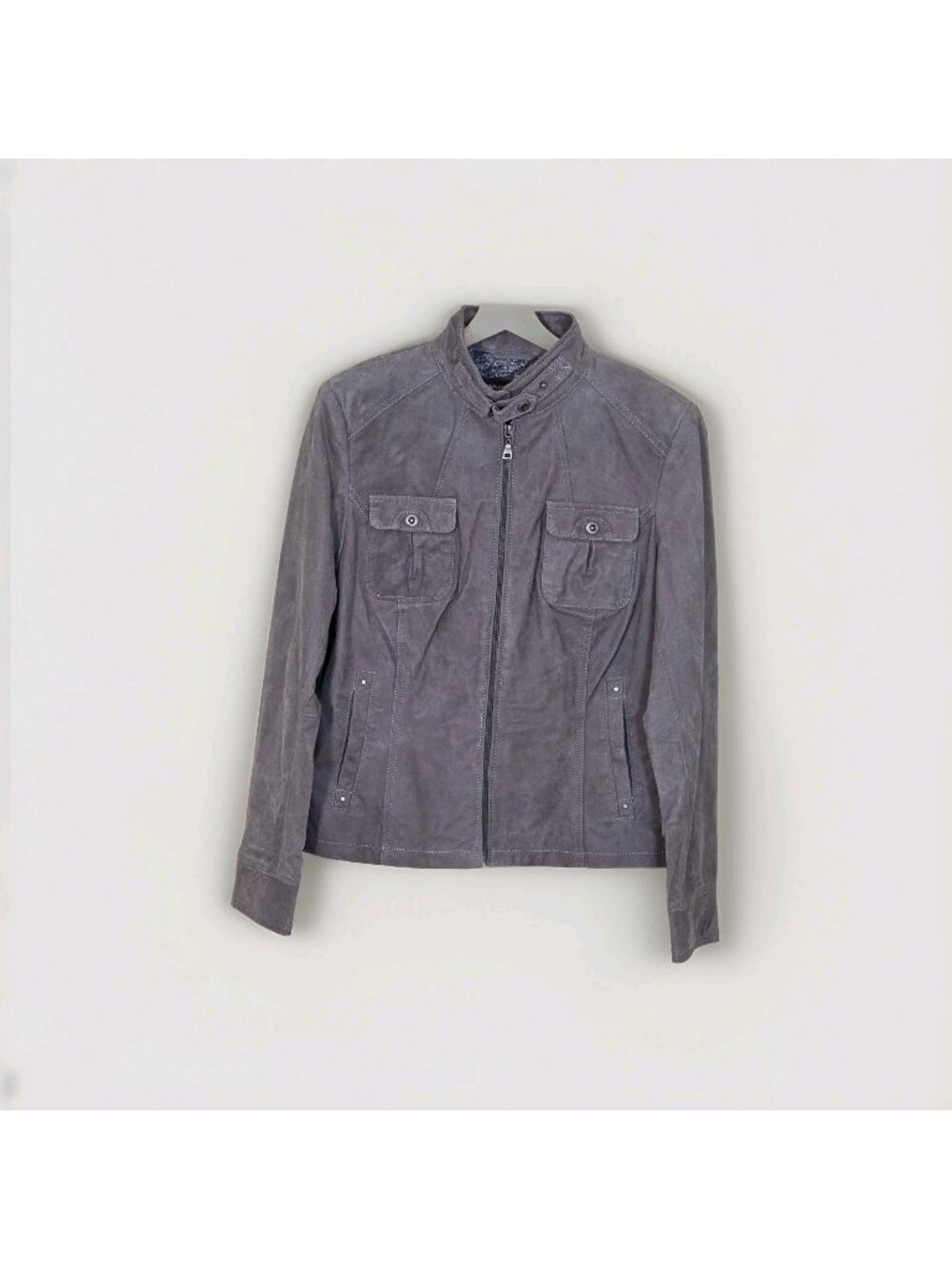 Danier Leather Jacket Blazer Women L Gray Pockets Zip Lined Minimalist Grunge